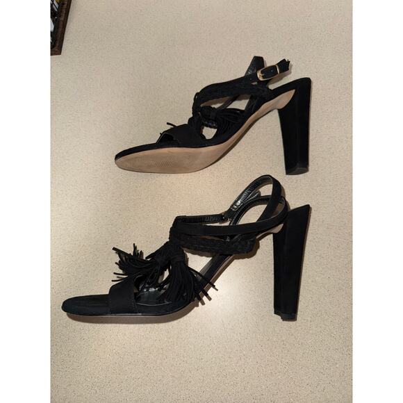 Stuart Weitzman Braided Suede Tassel Sling Back Block Heels Black Size 10 - Picture 4 of 8